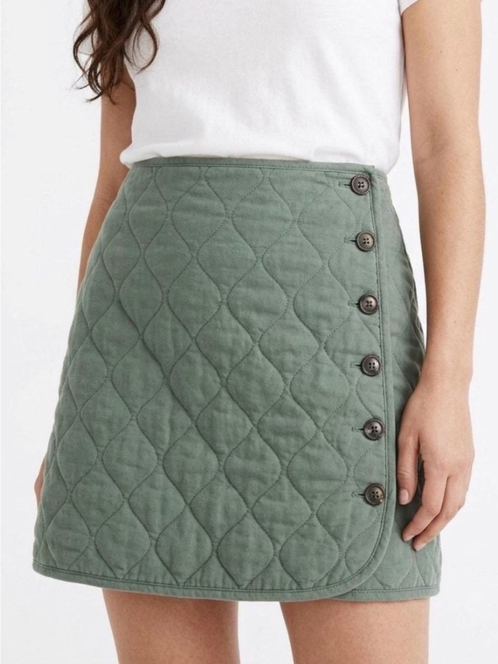 Madewell Quilted Olive Green Button-Detail Mini Skirt